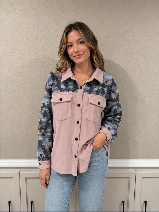 Southern Grace Jackets & Blazers - Pink Corduroy & Aztec Pattern Shacket